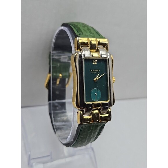 Quemex Art Deco Tank Watch Green Dial Two Tone Gold Silver Quartz New Battery - Picture 3 of 11